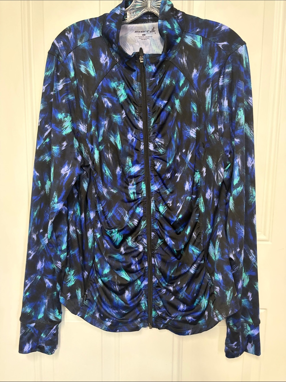 Exertek Black Teal Brushstroke Ruched Zip-Front Jacket